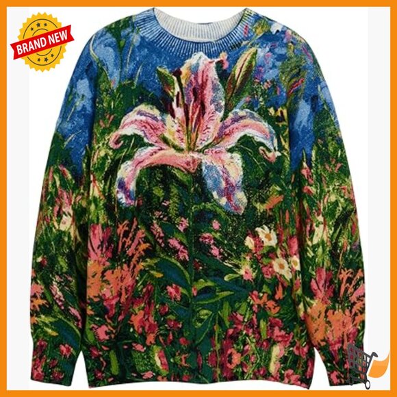 Floral Print Pullover Sweater Regular Fit Recycled Acrylic Casual Wear